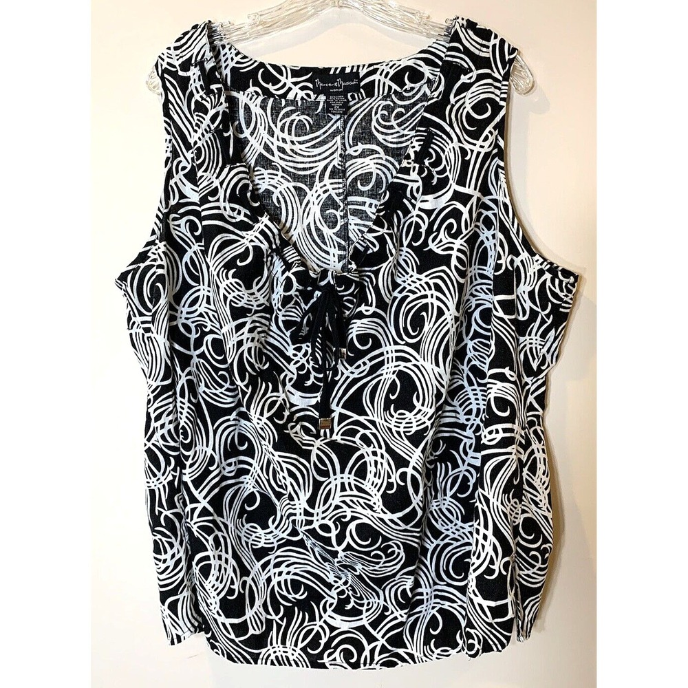 Mercer & Madison Tank Top Blouse Womens 2X Sleeveless Linen Blend Black White